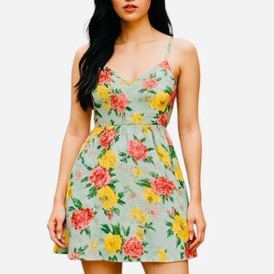 Cynthia Rowley 100% linen light blue dress with pink and yellow floral print.8